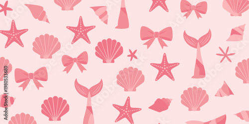Pink mermaid tails, seashells, stars, and bows float on a whimsical underwater scene with ocean creatures and decorative elements.