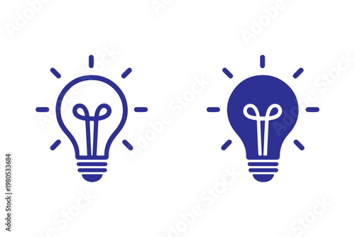 Light bulb with rays shine icon set. Idea symbol. Electric lamp, light, innovation, solution, creative thinking, electricity. Outline, flat, and colored symbol illustration.