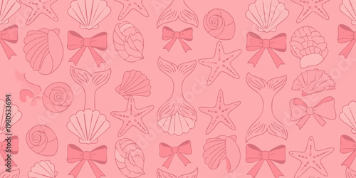 Pink background with seashells, starfish, and bows illustrations