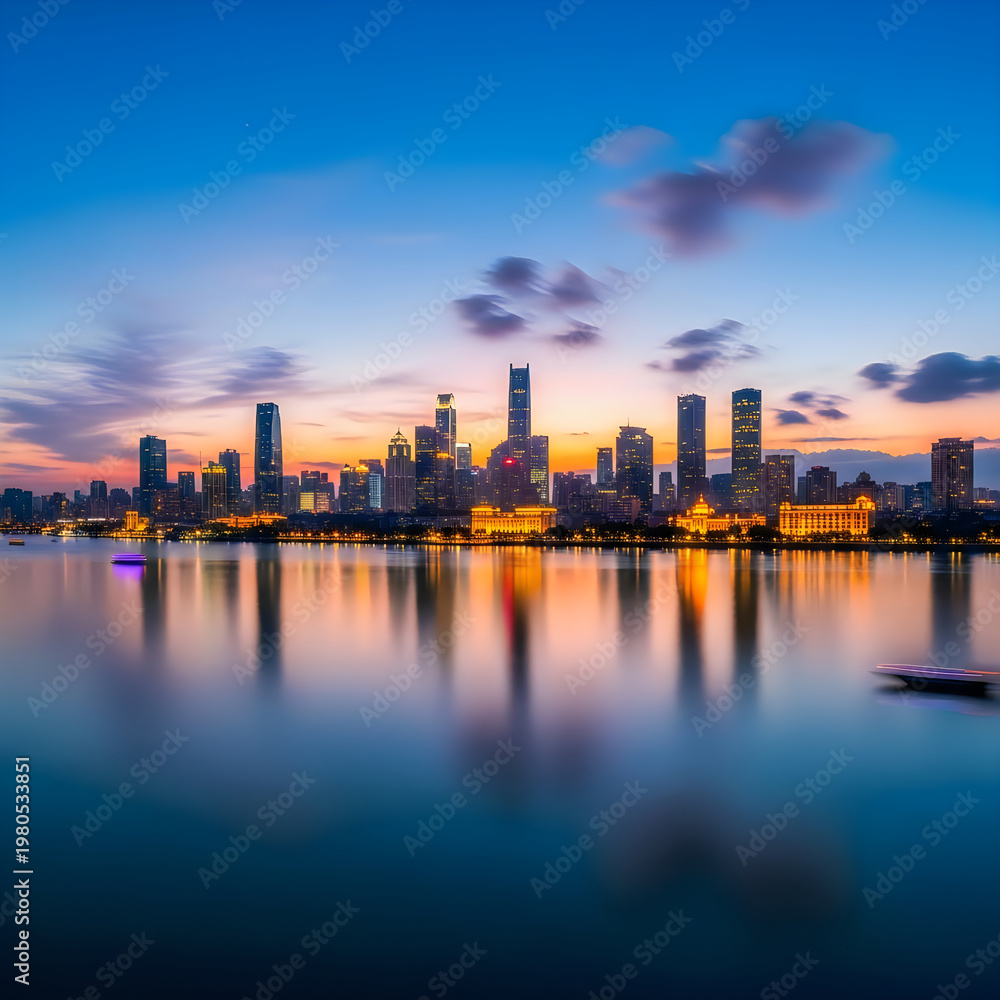 Fototapeta premium sunset over the city and black sky