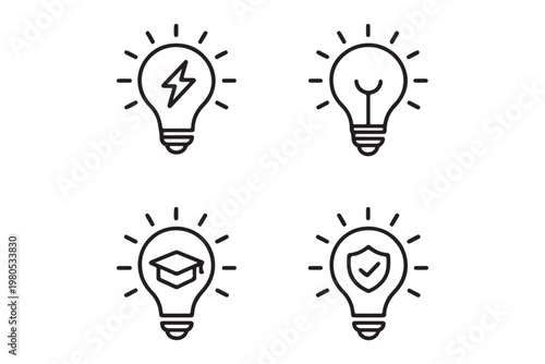 Light bulb icon set showing idea and inspiration concepts. Creative thinking, innovation and solution symbols. Energy and insight pictograms for business concepts, brainstorming and startup visuals.