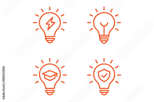 Light bulb icon set showing idea and inspiration concepts. Creative thinking, innovation and solution symbols. Energy and insight pictograms for business concepts, brainstorming and startup visuals.