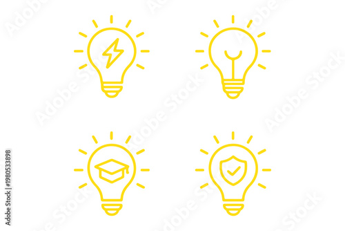 Light bulb icon set showing idea and inspiration concepts. Creative thinking, innovation and solution symbols. Energy and insight pictograms for business concepts, brainstorming and startup visuals.