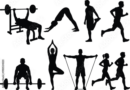 Black silhouette of people exercising and playing sports
