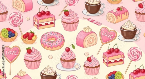 A colorful digital illustration of various sweet treats on a pastel background