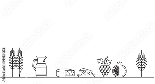 Farm Fresh Produce Line Art Wheat, Dairy, Grapes, and Pomegranate