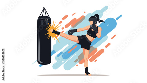 Athletic woman practicing kickboxing and hitting heavy bag with powerful kick against colorful abstract background.