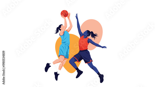 Female basketball players competing on court with one player jumping for a shot in modern dynamic vector style.