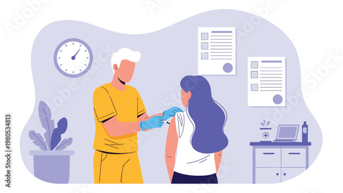 Male healthcare worker administering vaccine shot to female patient in modern medical office with clock on wall.