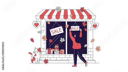 Store owner decorating shop window with sale signs and autumn leaves during seasonal promotion with cat outside.