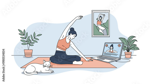 Woman practicing yoga at home following online tutorial on laptop with pet cat and house plants in bright room.