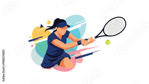 Athletic woman hitting ball with tennis racket during intense match on court in dynamic vector illustration.