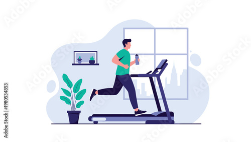 Young man running on treadmill in modern home gym with city view and indoor plants against blue background.