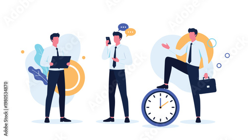Group of professional businessmen multitasking with laptop, mobile phone, and standing on giant clock in vector.