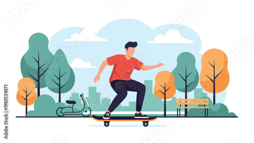 Young man riding skateboard through sunny park with trees and city buildings in colorful flat vector style.