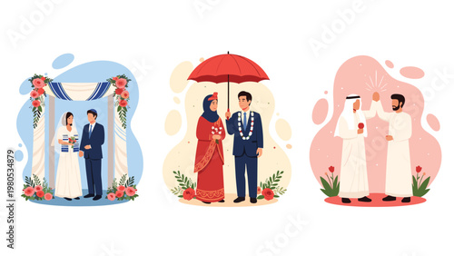 Illustrations of diverse cultural wedding ceremonies including Jewish, Muslim, and modern secular celebrations.