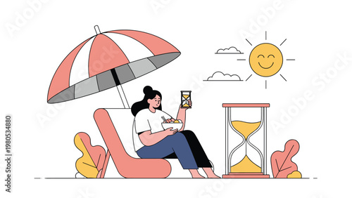 Woman sitting on beach chair under umbrella eating meal and watching hourglasses under happy sun concept.