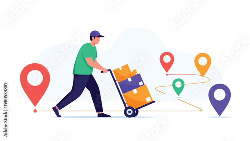 Delivery man transporting packages on hand truck along shipping route with colorful location pin markers in vector.
