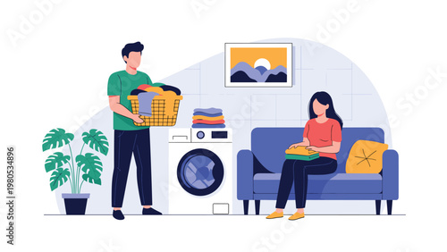 Young couple managing laundry at home with man carrying basket and woman folding clothes on sofa in vector.