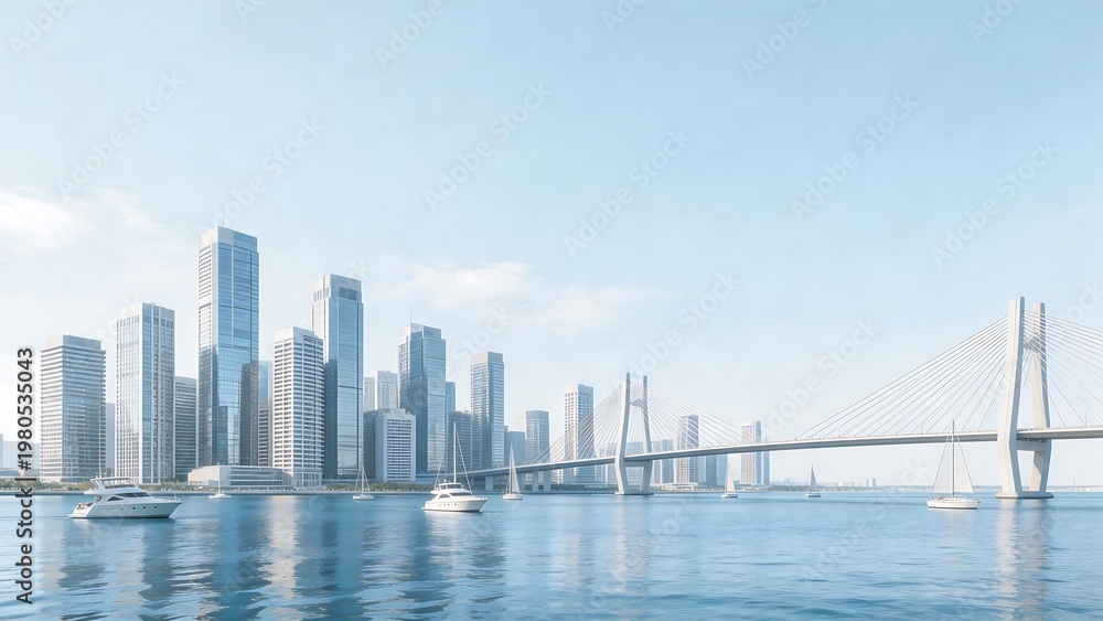 Fototapeta premium Modern city skyline with bridge and boats