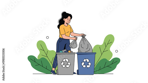 Environmentally conscious woman sorts different types of trash into two recycling bins to help protect the natural environment.