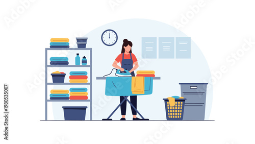 Organized woman irons clean laundry at an ironing board in a room with shelves full of neatly folded colorful towels.