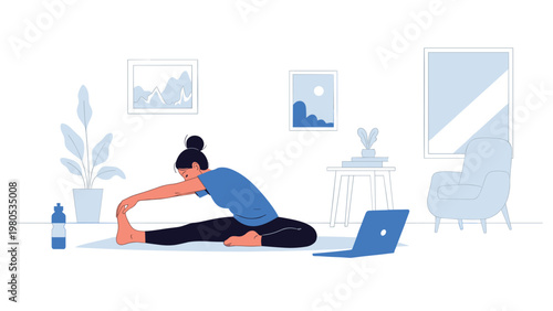 Young woman practicing yoga at home and stretching her legs while following an online fitness class on her laptop computer.