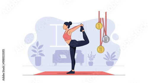 Graceful woman performs a yoga balance pose on a mat in a room with gold and silver sports medals hanging as background decor.