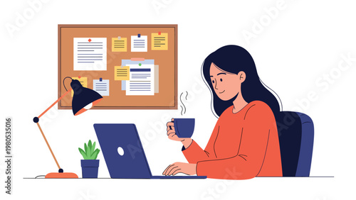 Young woman works on her laptop at a home office desk with a warm cup of coffee and a cork board for notes behind her.