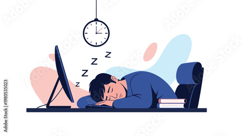 Overworked young man sleeping on his computer desk late at night with books and a large wall clock in the background scene.