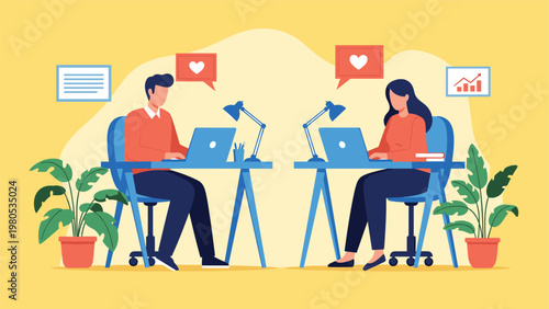Colleagues working on laptops at separate desks with heart speech bubbles representing workplace romance or office love.
