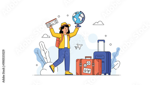 Excited female traveler with a backpack and suitcases holding a globe and tickets for her upcoming summer vacation trip.