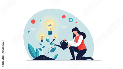 Creative woman watering plants shaped like glowing lightbulbs to symbolize the growth and nurturing of innovative new ideas.