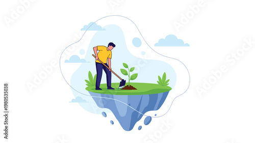 Man planting a small green tree on a floating island using a garden tool to represent environmental conservation and growth.