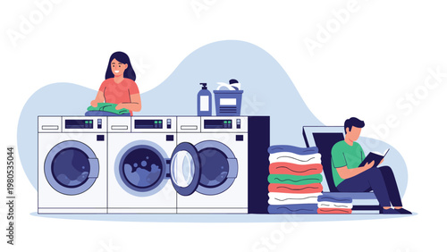 Man and woman doing household chores in a laundry room with washing machines and stacks of colorful clean folded clothes.