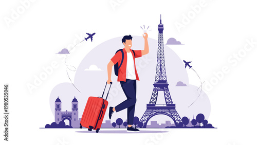 Happy male traveler with a red suitcase and backpack posing in front of the Eiffel Tower and Paris city skyline at sunset.