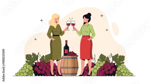 Two elegant women toasting with glasses of red wine in front of a wooden wine barrel and clusters of fresh ripe grapes.