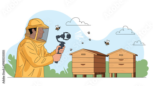 Professional beekeeper in a protective yellow suit using a smoker tool to manage bees near wooden hive boxes in the field.