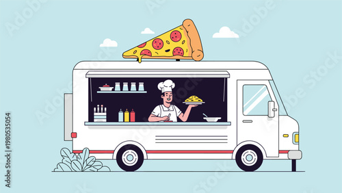 Friendly chef in a white hat serving food from a pizza food truck with a giant slice of pepperoni pizza on the roof top.