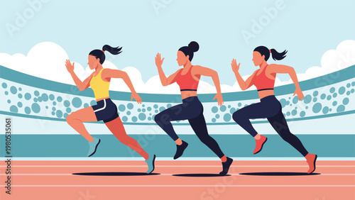 Group of athletic women sprinting during a track and field competition in a large sports stadium with many spectators.