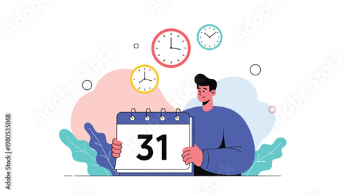 Happy man holding a large calendar showing the date 31 with several clocks indicating different times in the air above.