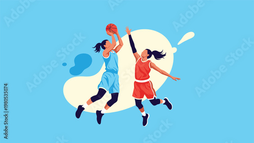 Two athletic women playing a competitive game of basketball with one player jumping to shoot the ball into the hoop rim.
