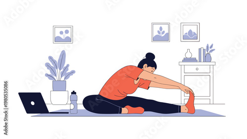 Woman practicing yoga stretching at home on a blue mat while following a fitness tutorial on her laptop.