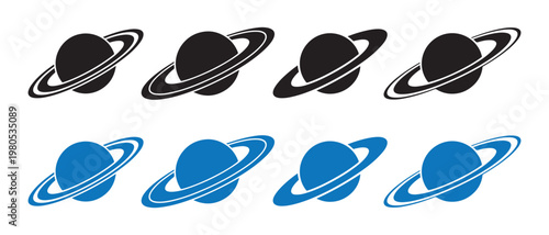 Modern Graphic Collection of Ringed Planet Icons in Black and Blue for Science and Astronomy Concepts.