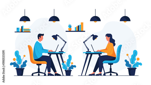 Two office colleagues working on their laptops at separate desks decorated with indoor green plants and modern lamps.