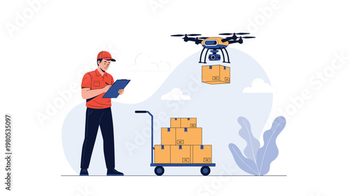 Delivery man checking a package list while an automated drone carries a cardboard box over a cart full of parcels and boxes.