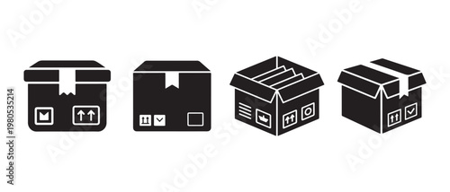 Set of black cargo shipping box icons. on a white background, including sealed and open containers.