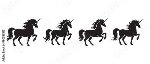 Black Unicorn Silhouettes. in Dynamic Poses on Clean White Background, Magical Fantasy Graphic.