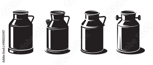 Vintage Milk Cans Collection. Set of Four Black and White Illustrations.