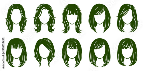 Green-haired women illustrations in various hairstyles are shown.